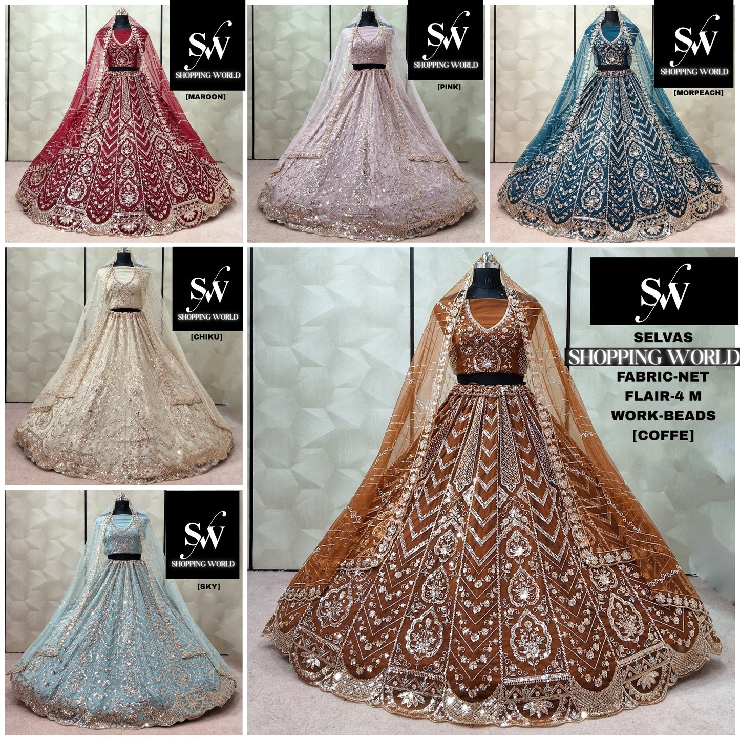 Eye Catching Maroon Sky Blue Chiku Golden Coffee Morpeach Blue Pink Net lehenga