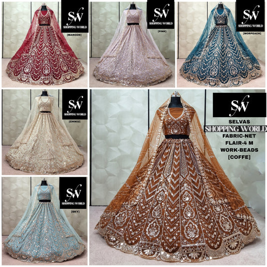 Eye Catching Maroon Sky Blue Chiku Golden Coffee Morpeach Blue Pink Net lehenga