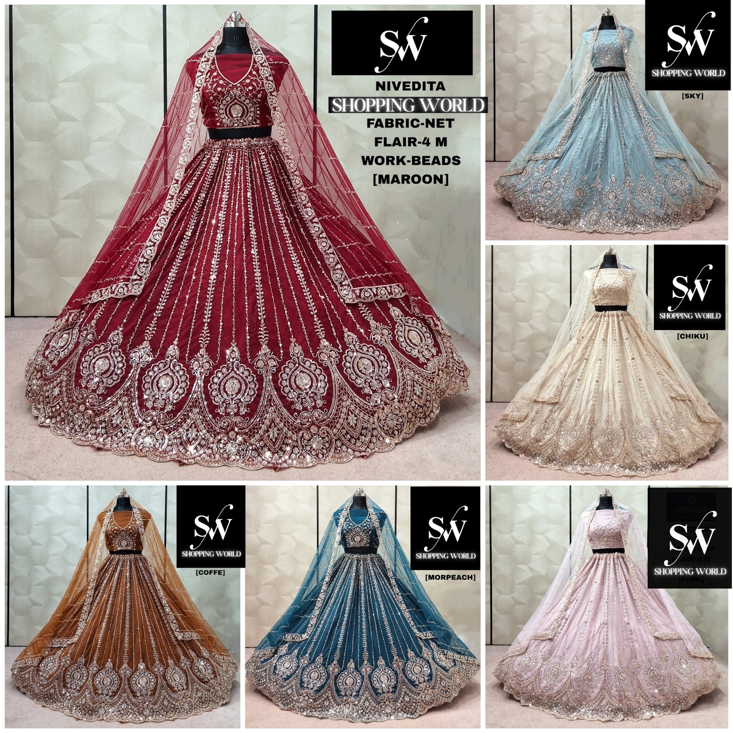 Charming Maroon Sky Blue Chiku Golden Coffee Morpeach Blue Pink Net lehenga