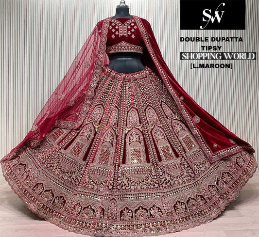 Dark Maroon Double Dupatta Bridal Lehenga