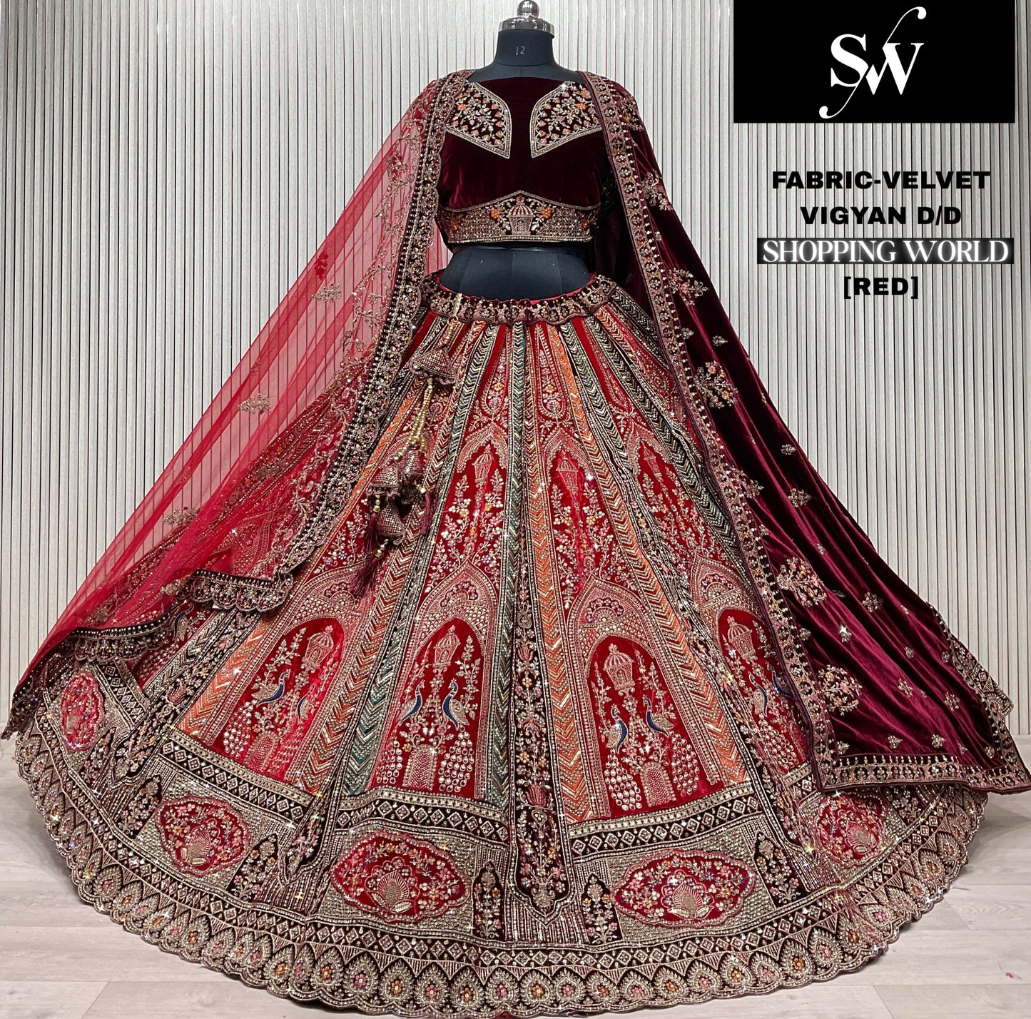 Rani pink Velvet Peacock Bridal Lehenga