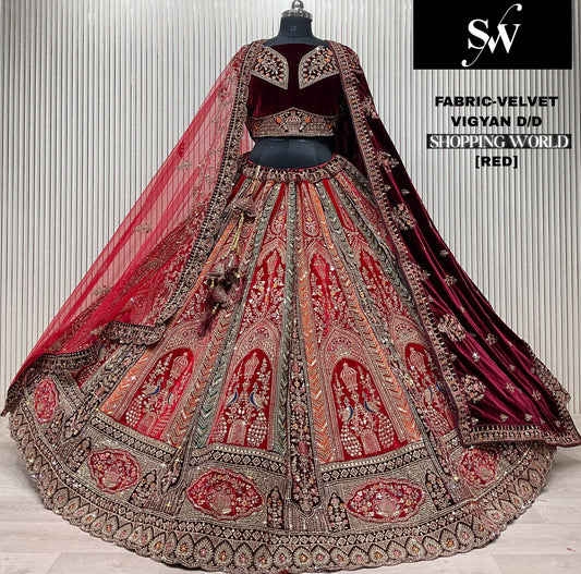 Maroon Velvet Peacock Bridal Lehenga