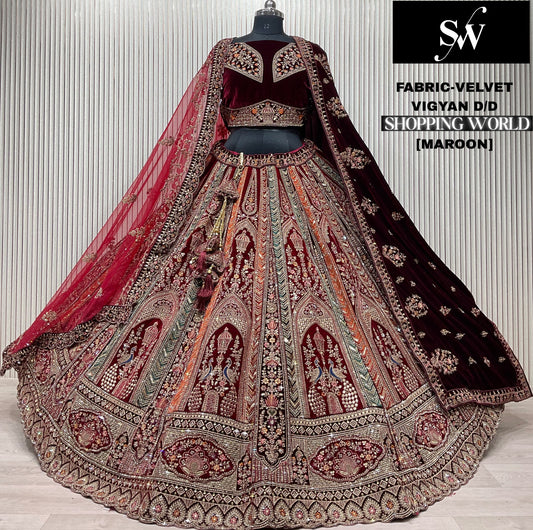 Rani pink Velvet Peacock Bridal Lehenga