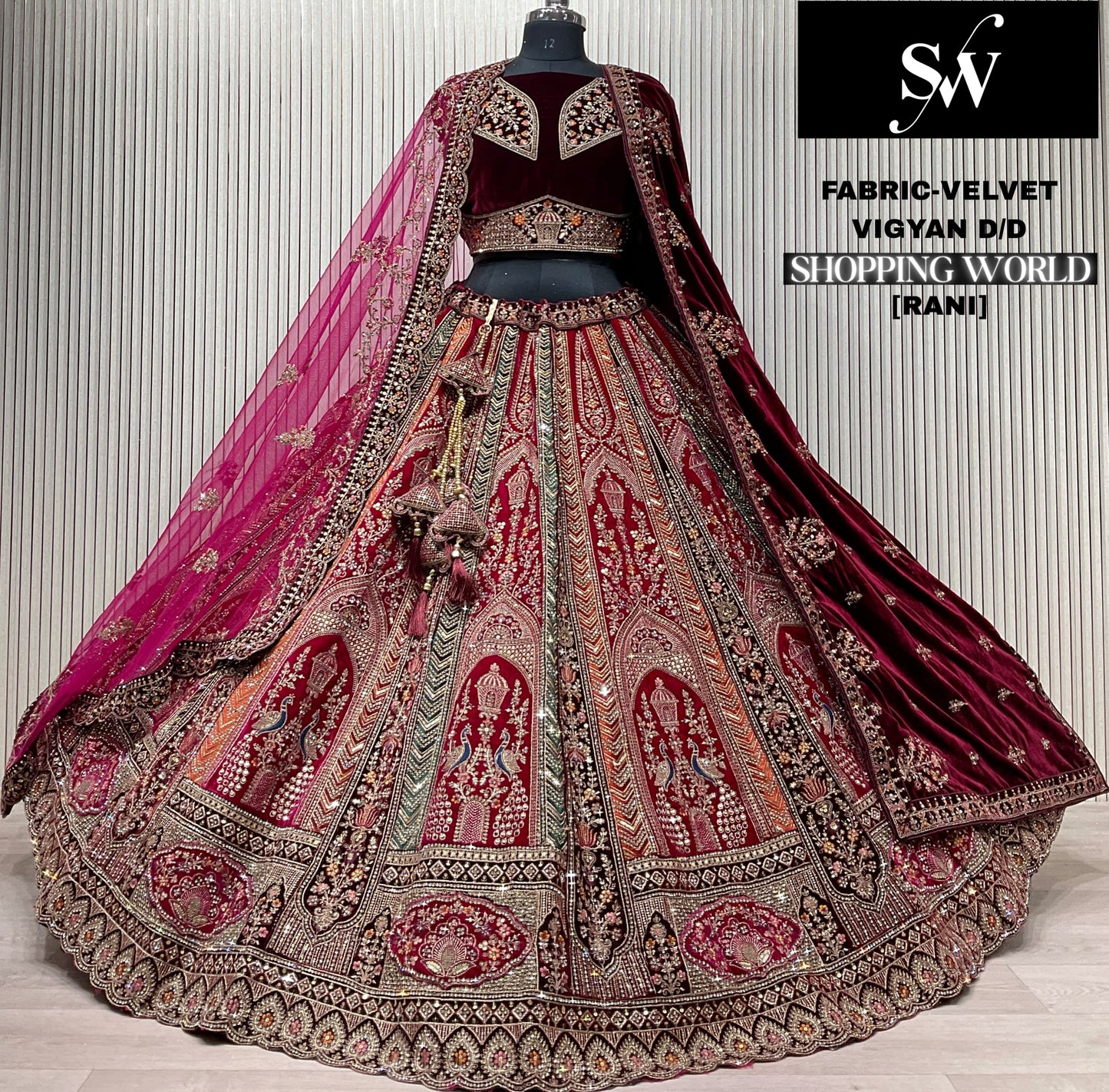 Maroon Velvet Peacock Bridal Lehenga