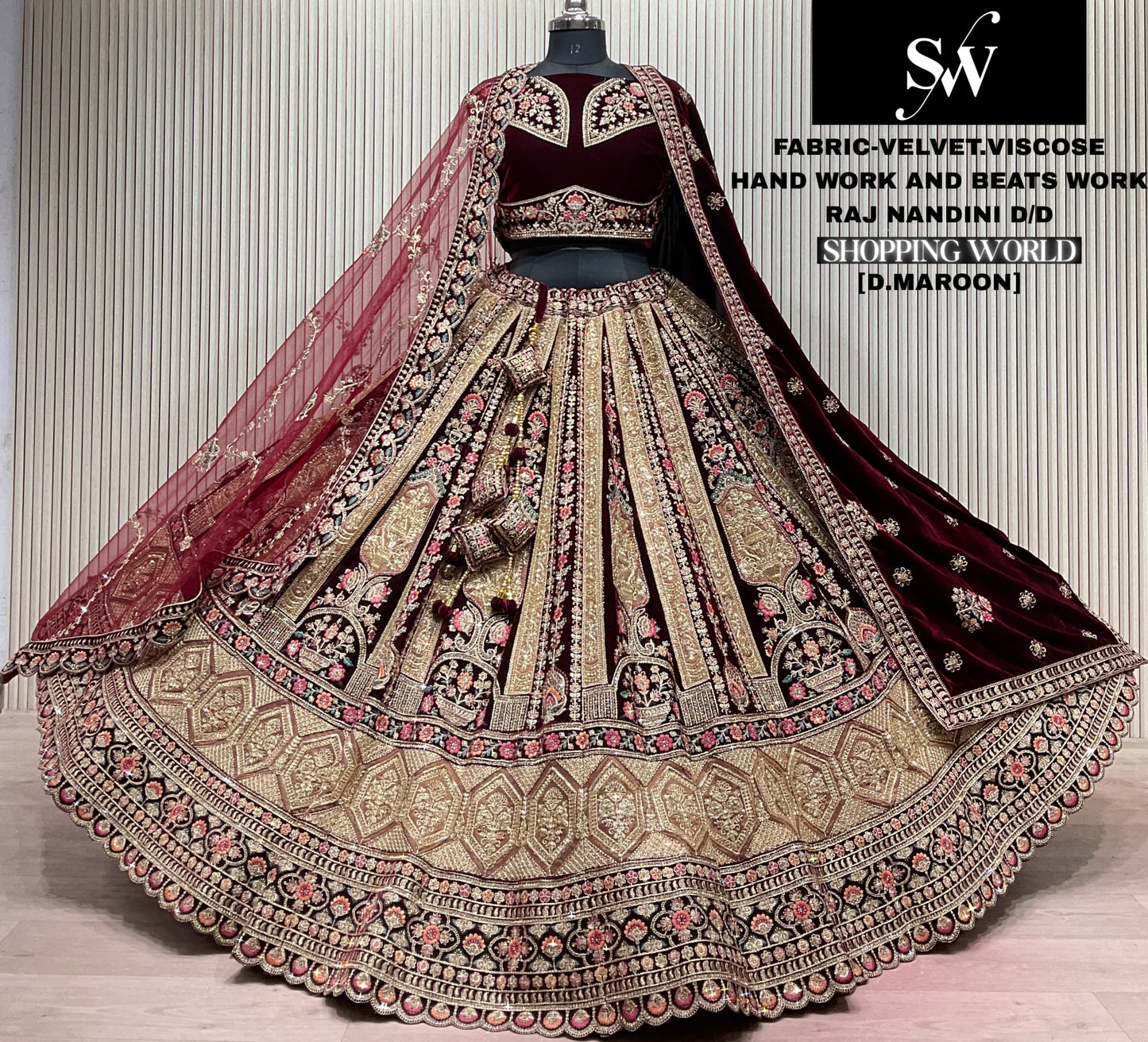 Light Maroon Velvet Viscose Bridal Lehenga