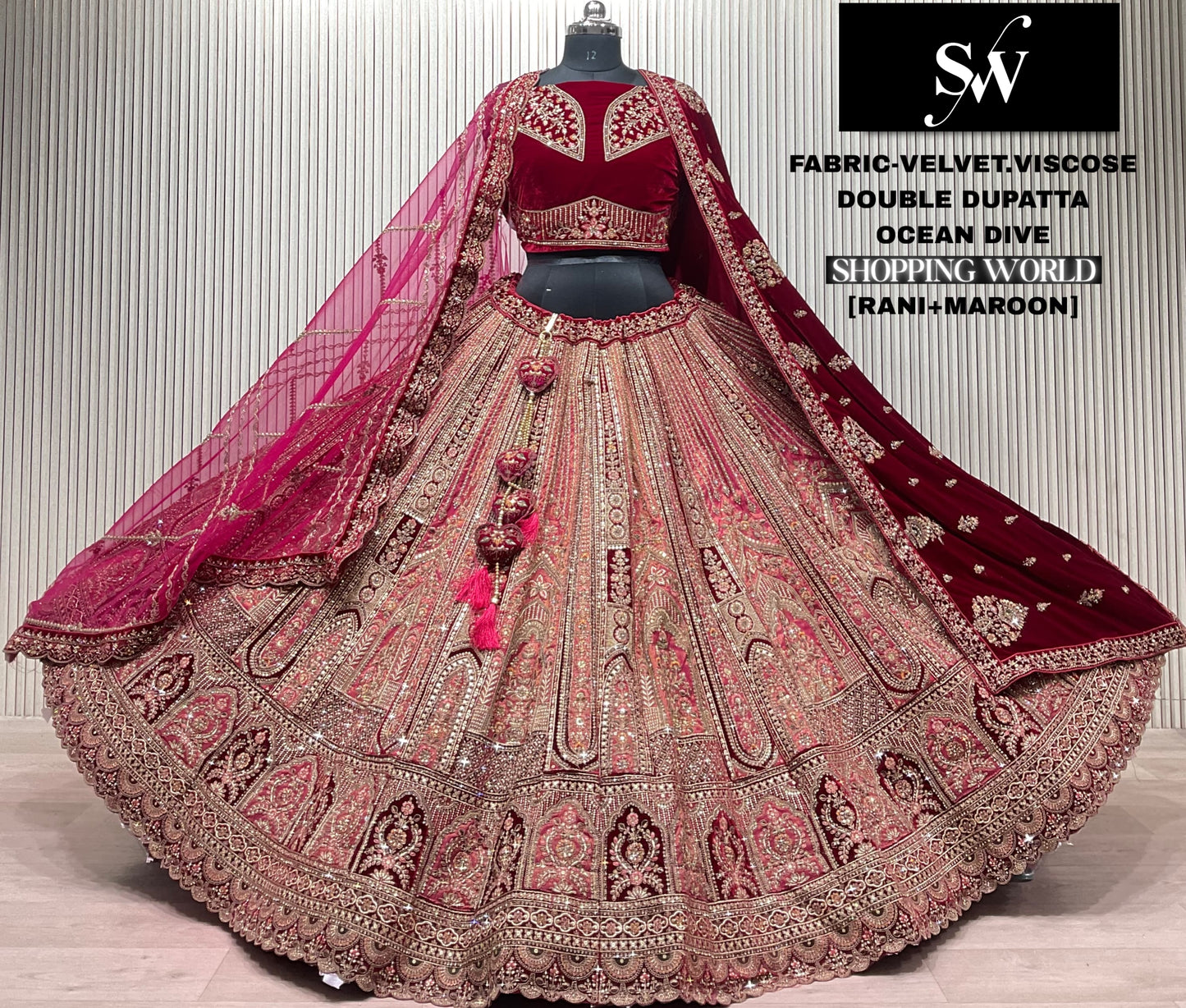 Chiku Maroon Velvet Viscose Double Dupatta Bridal Lehenga