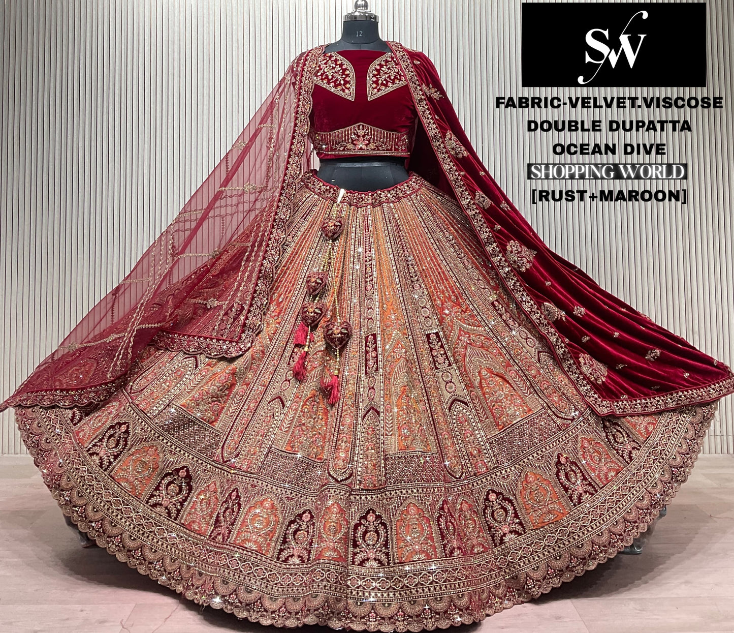 Rani Maroon Velvet Viscose Double Dupatta Bridal Lehenga