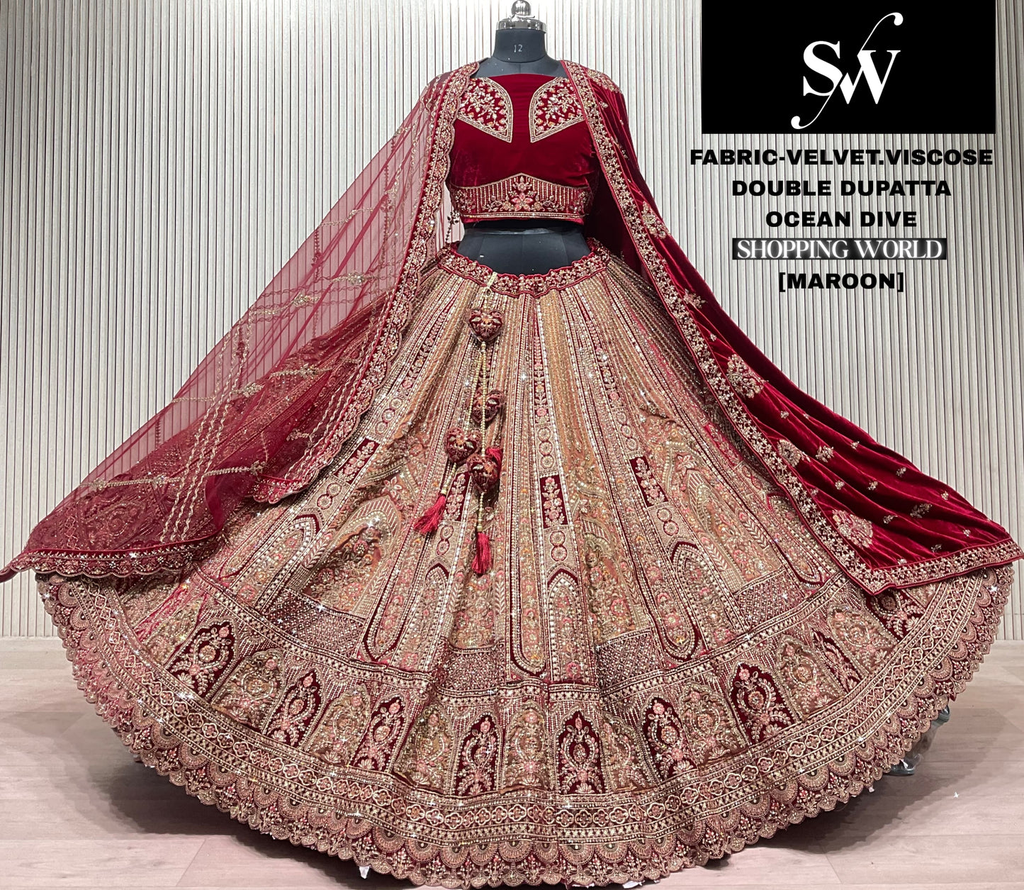 Rust Maroon Velvet Viscose Double Dupatta Bridal Lehenga