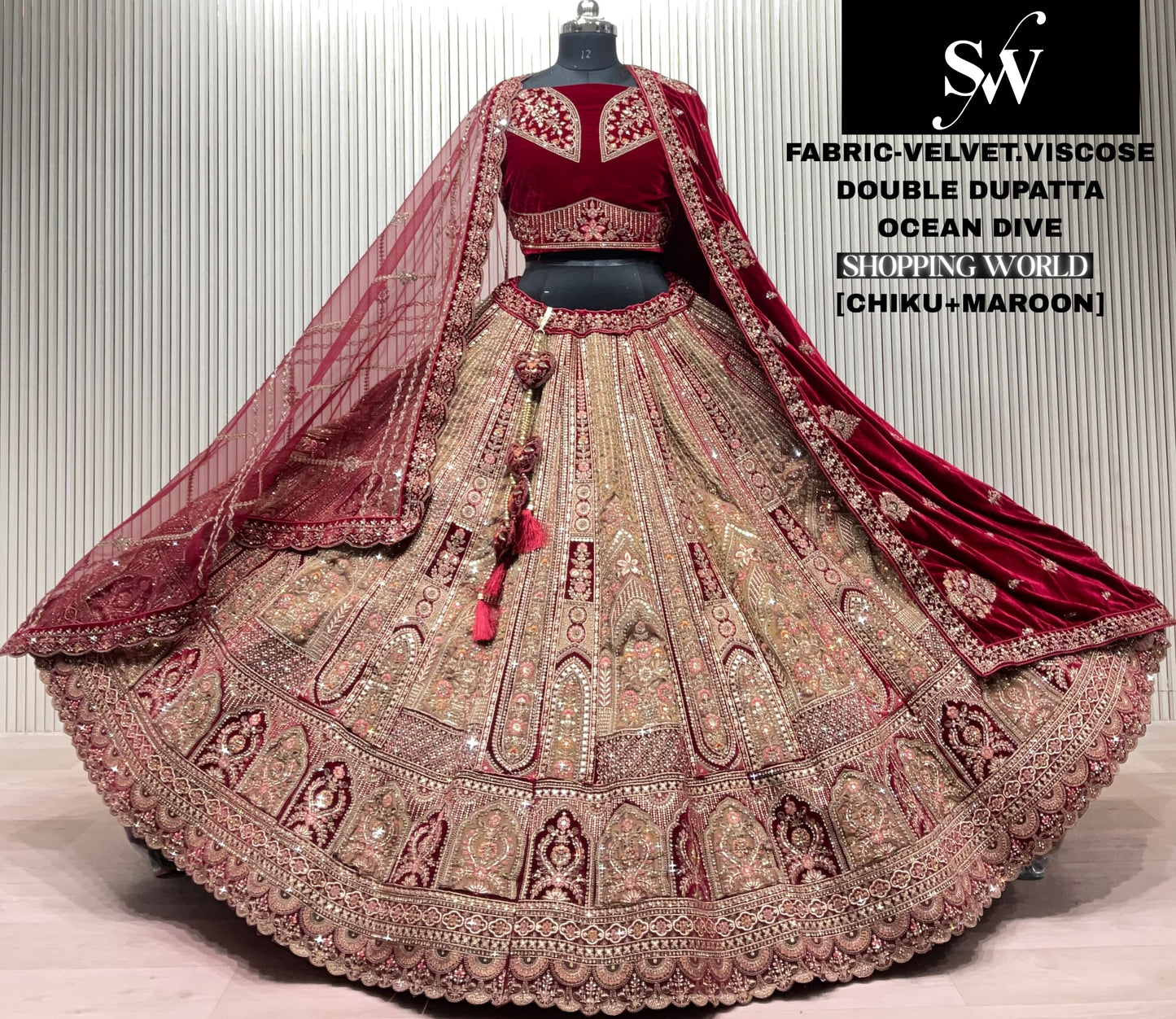 Maroon Velvet Viscose Double Dupatta Bridal Lehenga