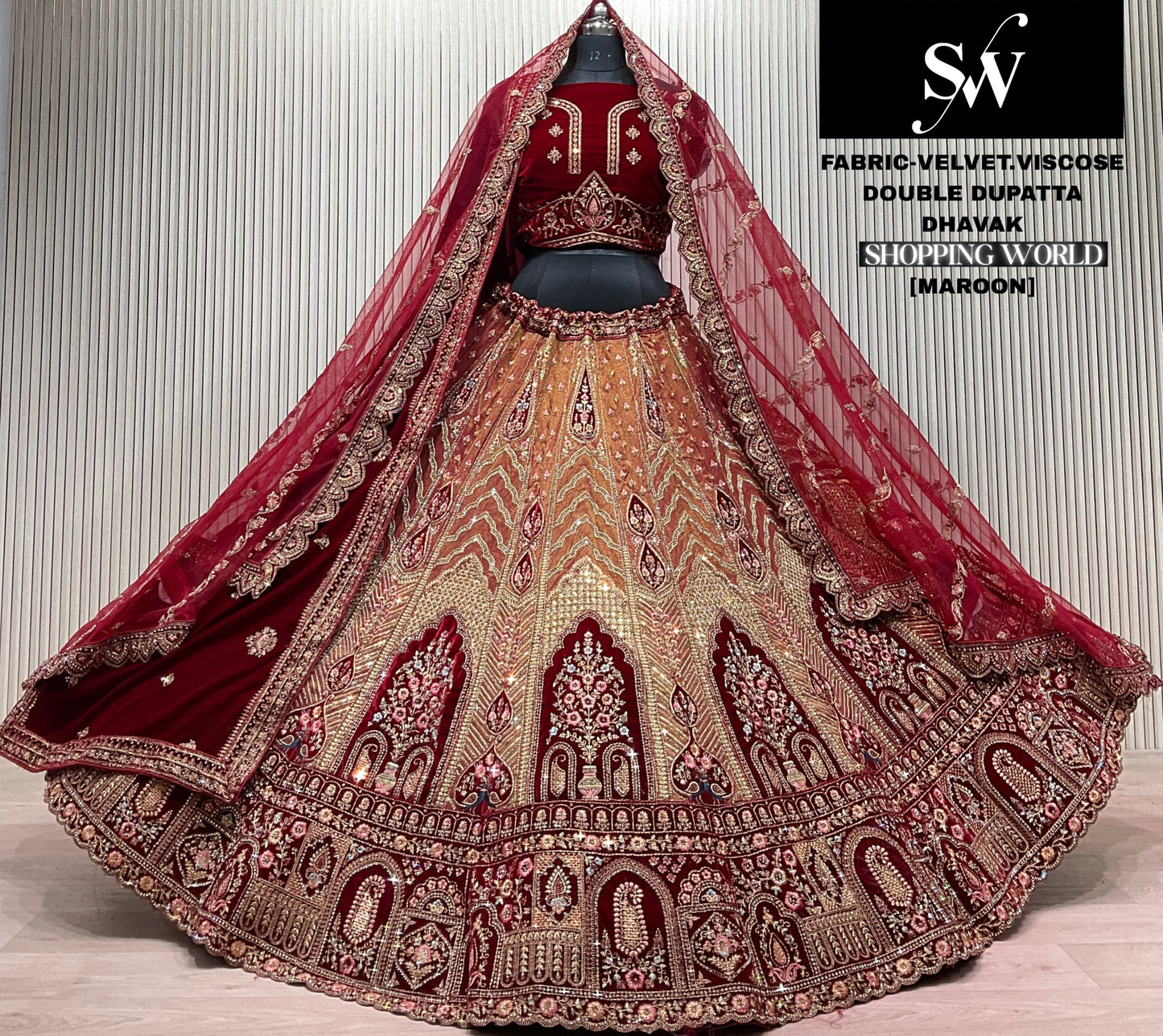 Rani Maroon Velvet Viscose Double Dupatta Bridal Lehenga