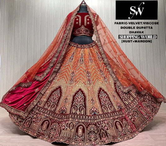 Chiku golden Maroon Velvet Viscose Double Dupatta Bridal Lehenga