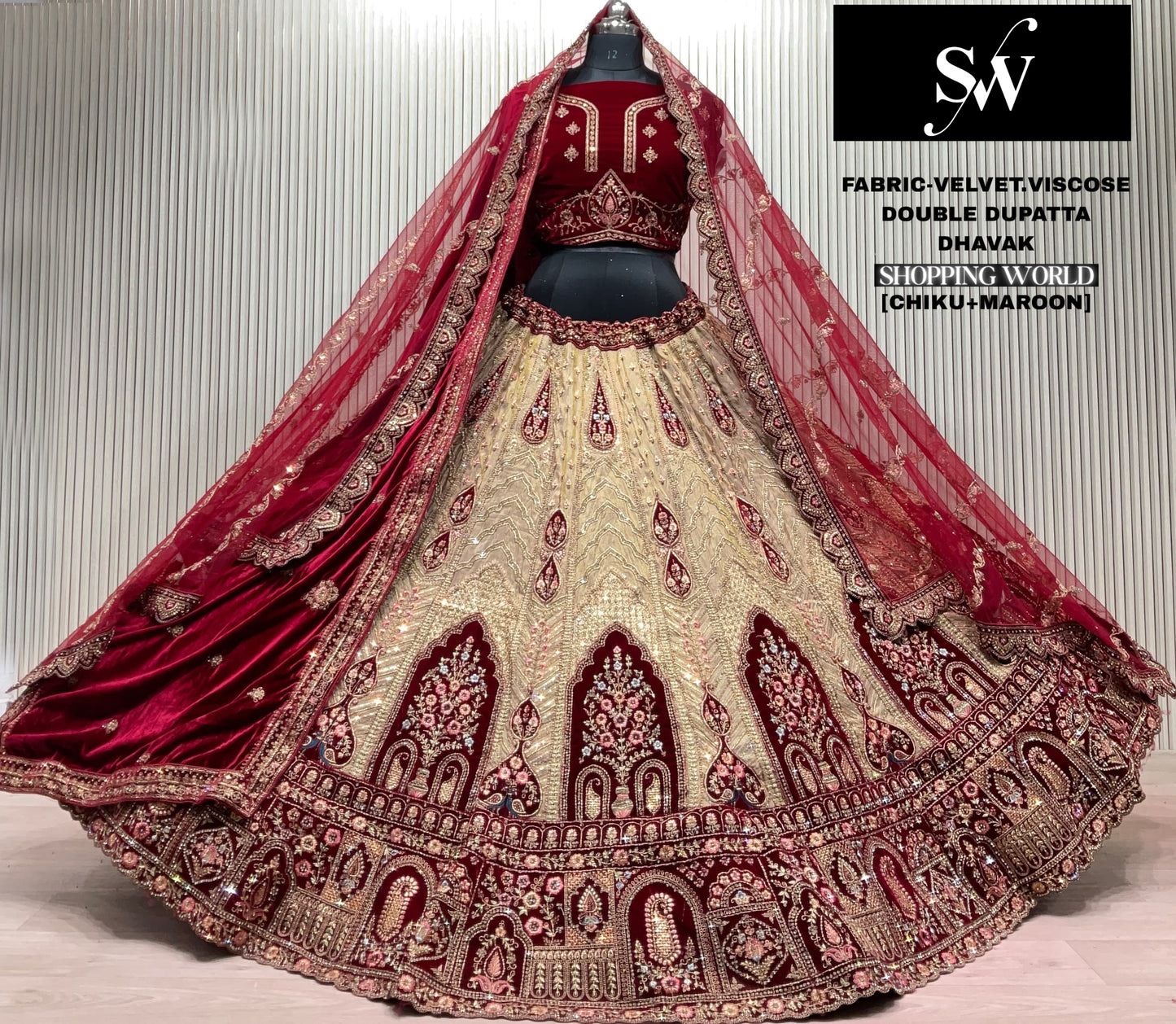 Rust Maroon Velvet Viscose Double Dupatta Bridal Lehenga