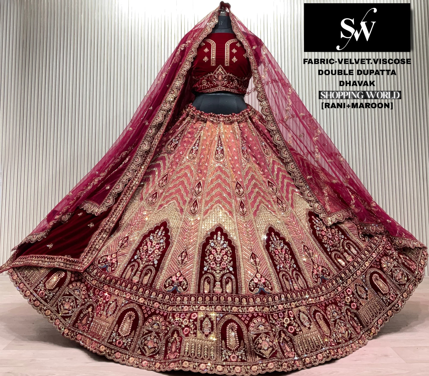 Chiku golden Maroon Velvet Viscose Double Dupatta Bridal Lehenga
