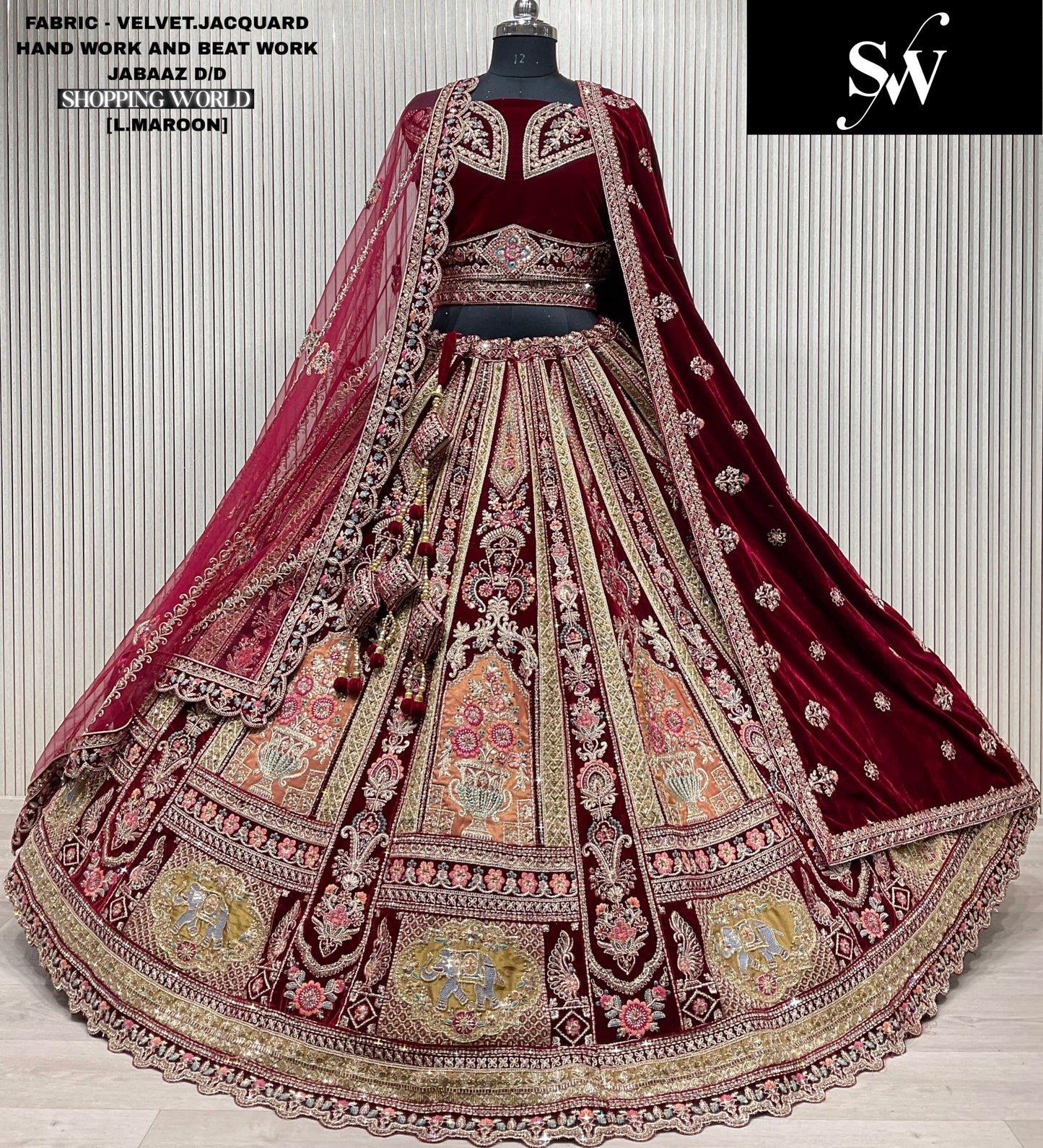 Dark Maroon Velvet Jacquard Bridal Lehenga