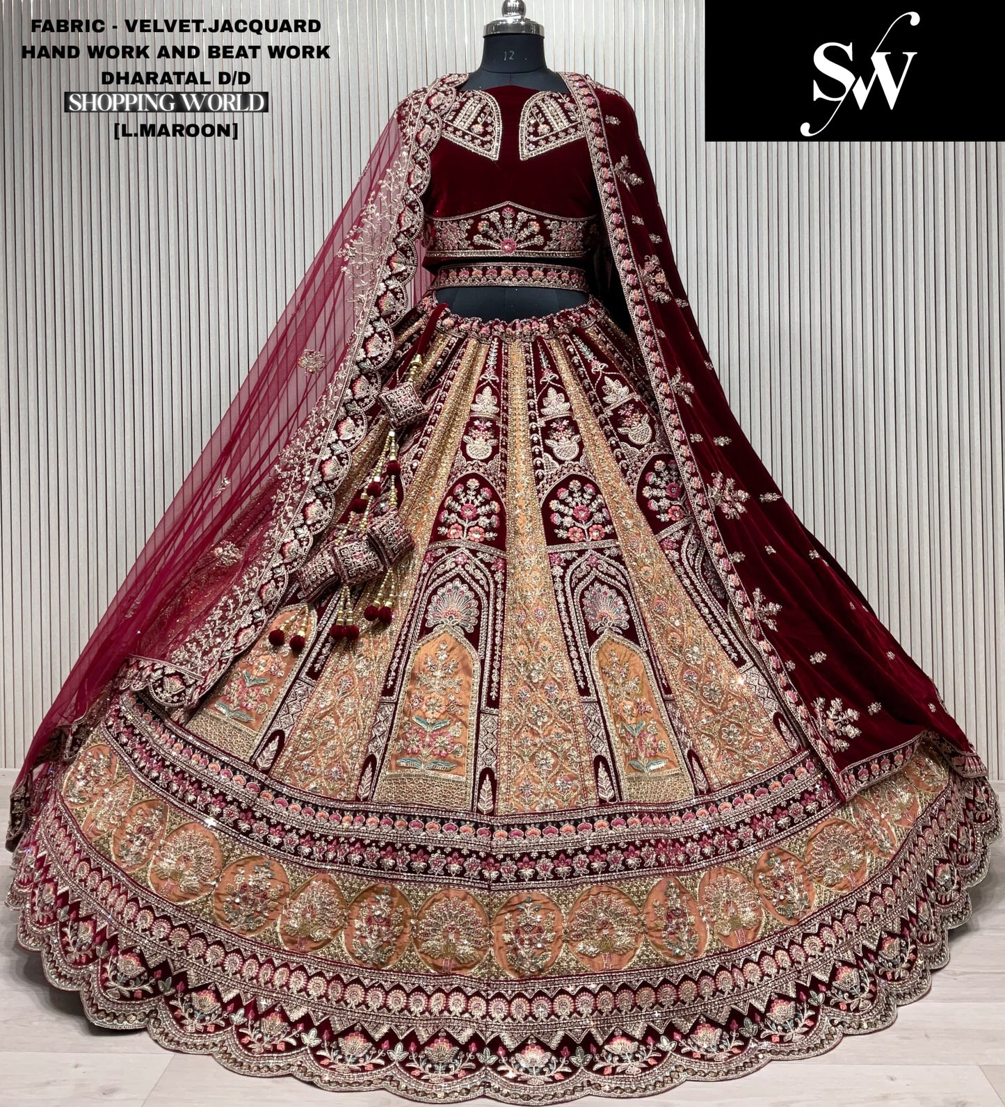 Dark Maroon Velvet jacquard Bridal Lehenga