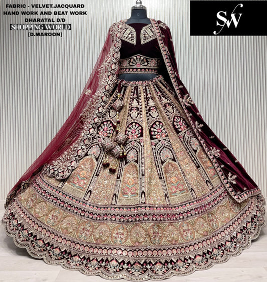 Light Maroon Velvet jacquard Bridal Lehenga