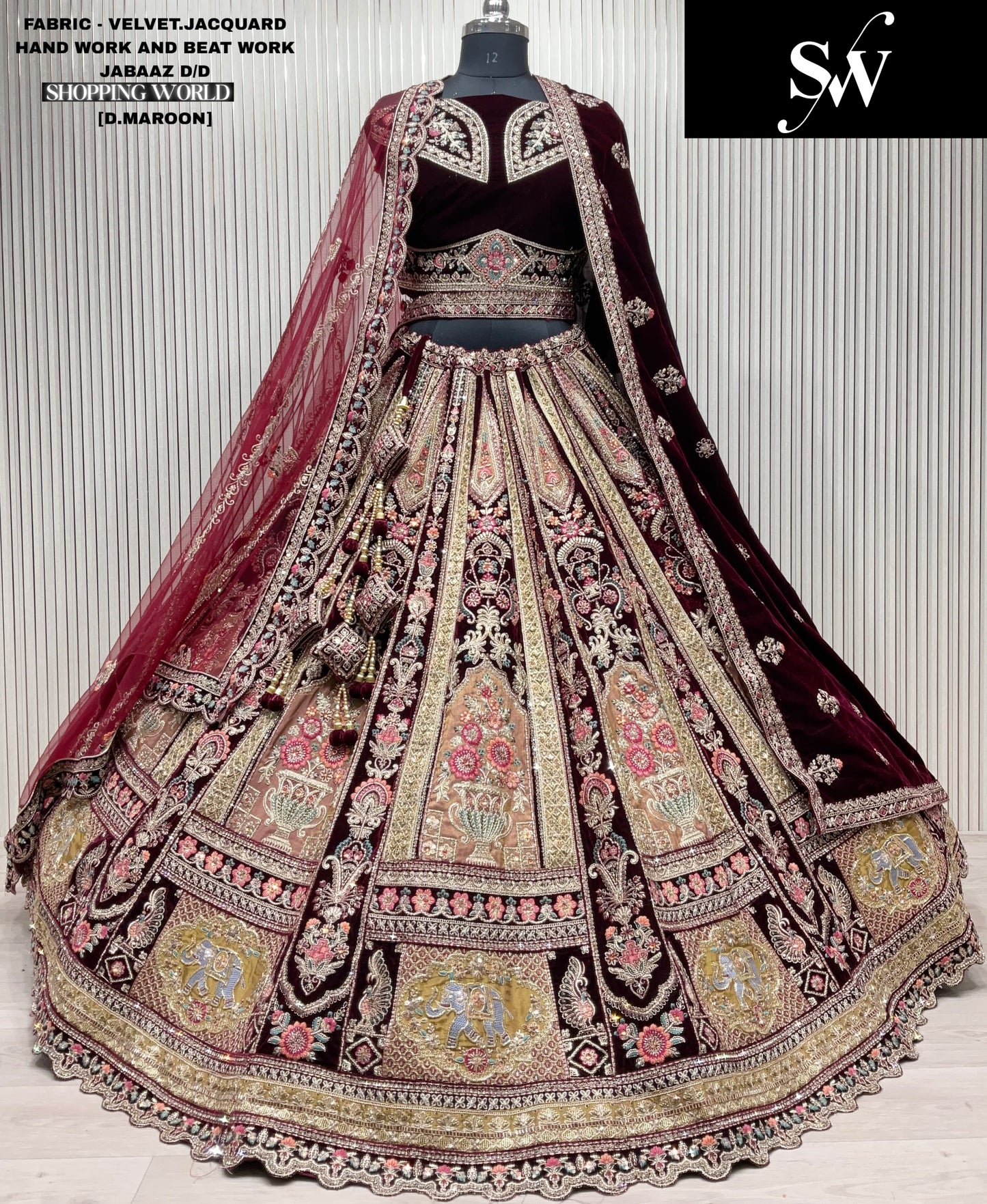 Light Maroon Velvet Jacquard Bridal Lehenga