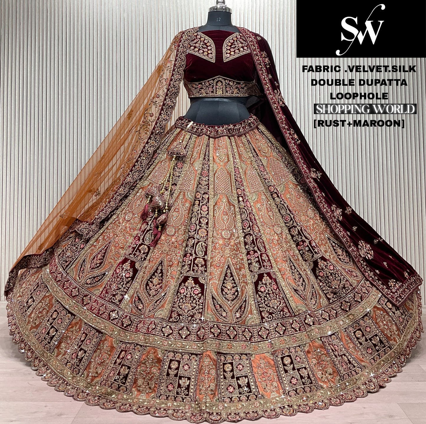 Peach Maroon Double Dupatta Velvet Silk Bridal Lehenga