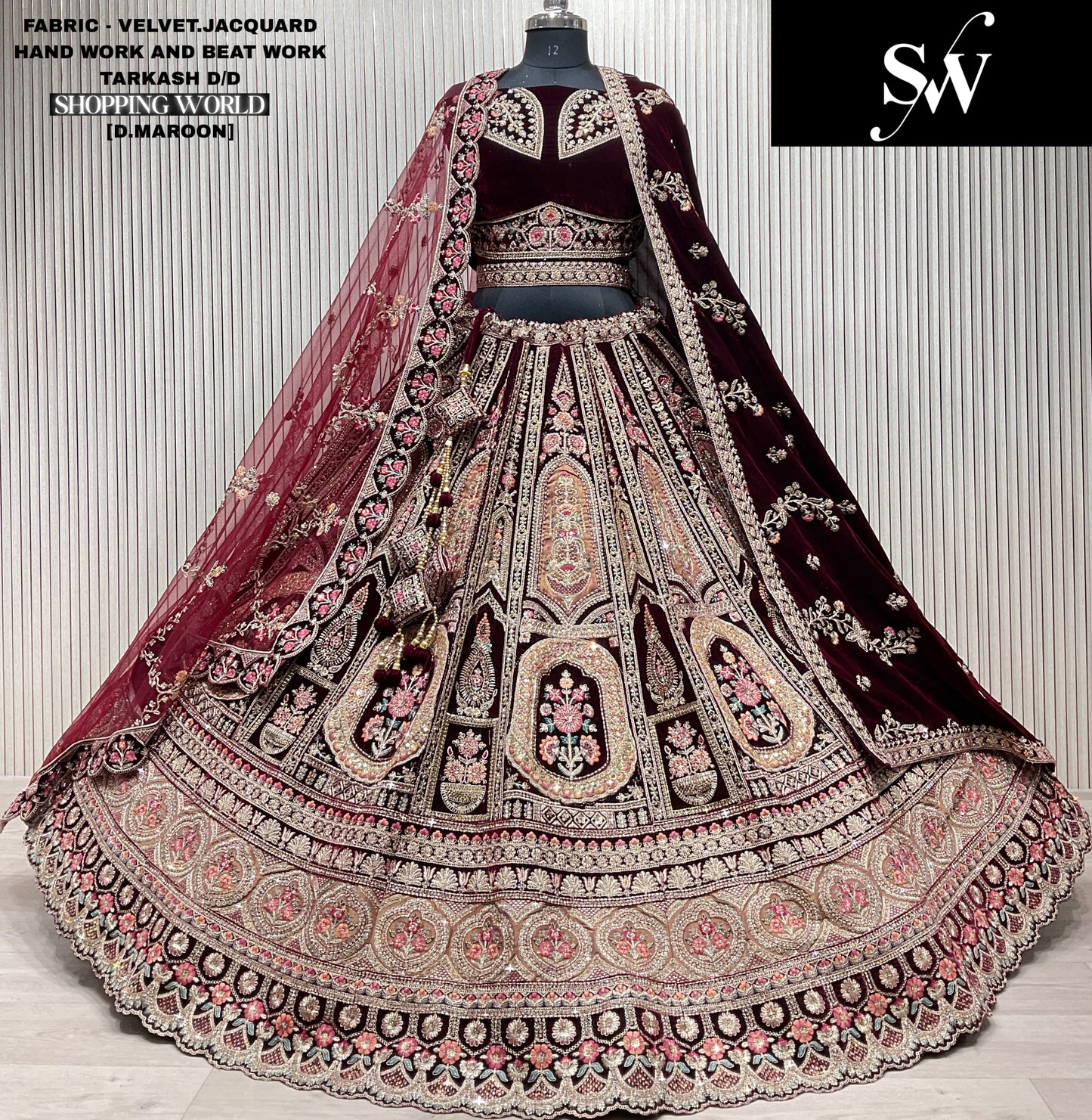 Light Maroon Double Dupatta Velvet Jacquard Bridal Lehenga