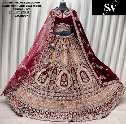 Dark Maroon Double Dupatta Velvet Jacquard Bridal Lehenga