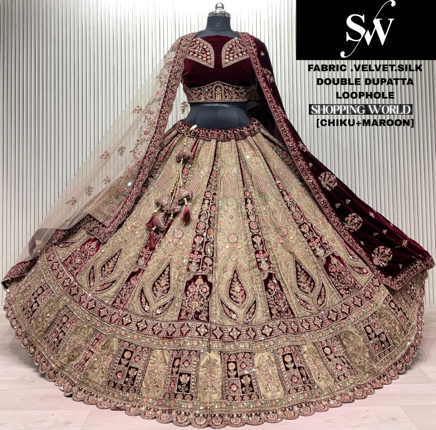 Rust Maroon Double Dupatta Velvet Silk Bridal Lehenga
