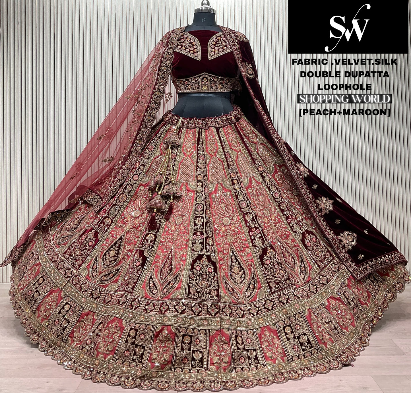 Chiku Maroon Double Dupatta Velvet Silk Bridal Lehenga