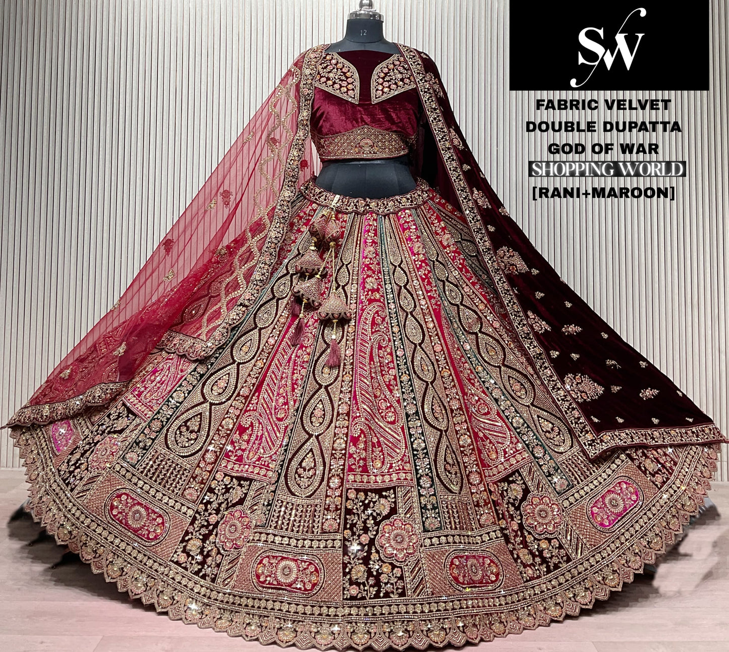 Maroon Velvet Double Dupatta Bridal Lehenga