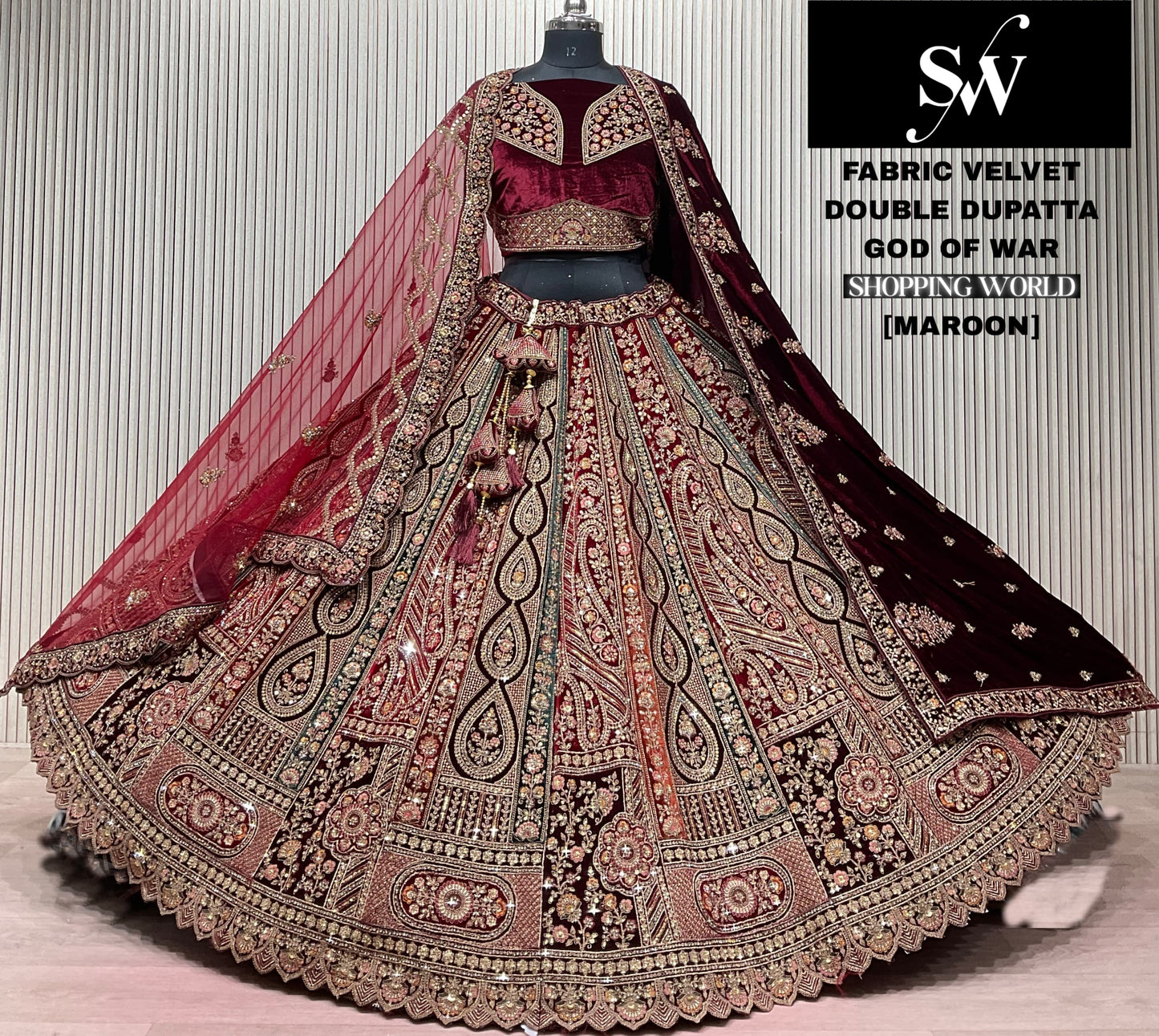 Rani Maroon Velvet Double Dupatta Bridal Lehenga