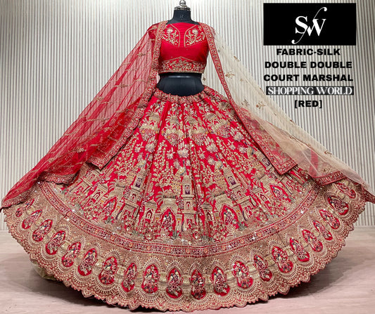 Rani pink Peacock Silk Double Dupatta Bridal Lehenga