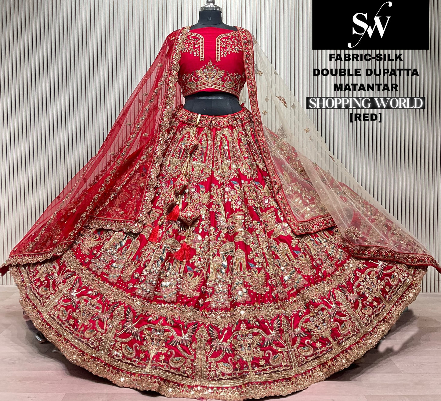 Rani pink Peacock Silk Double Dupatta Bridal Lehenga