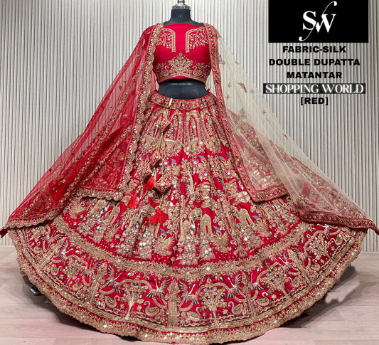 Rani pink Peacock Silk Double Dupatta Bridal Lehenga