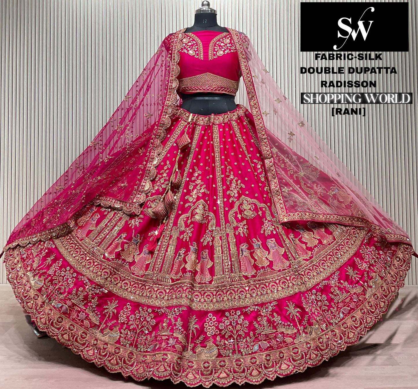 Red Double Dupatta doll figures silk Bridal Lehenga