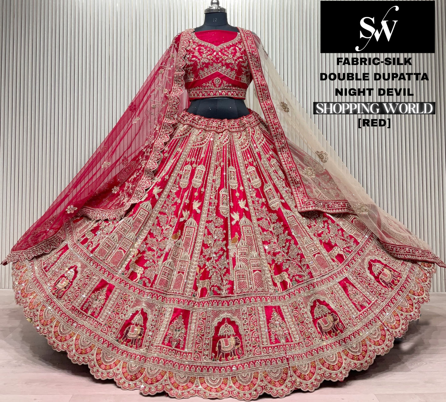 White maroon Double Dupatta peacock Silk Bridal Lehenga