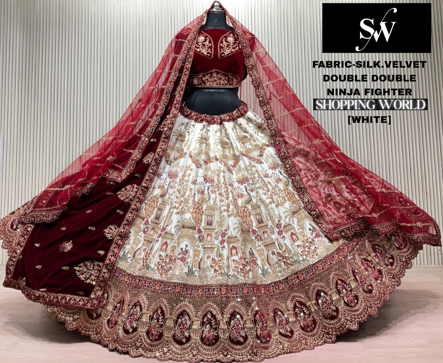 Rani pink Double Dupatta peacock Silk Bridal Lehenga