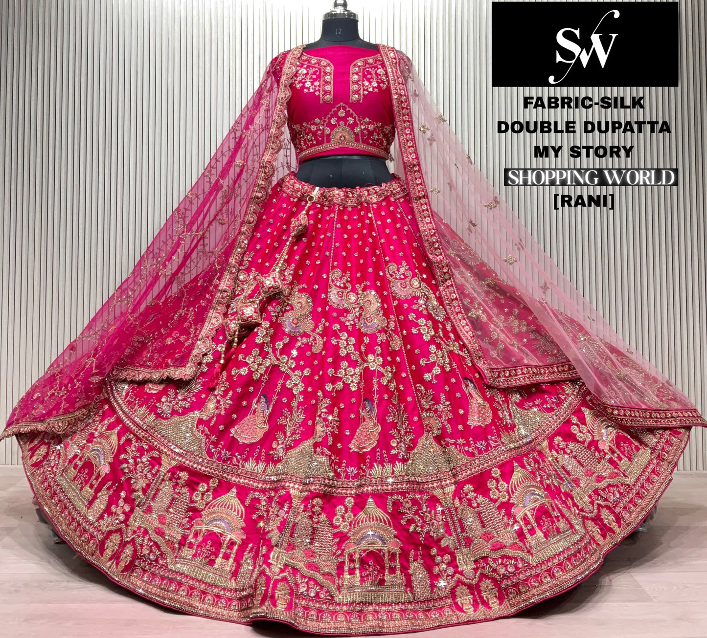 Red Double Dupatta peacock Silk Bridal Lehenga