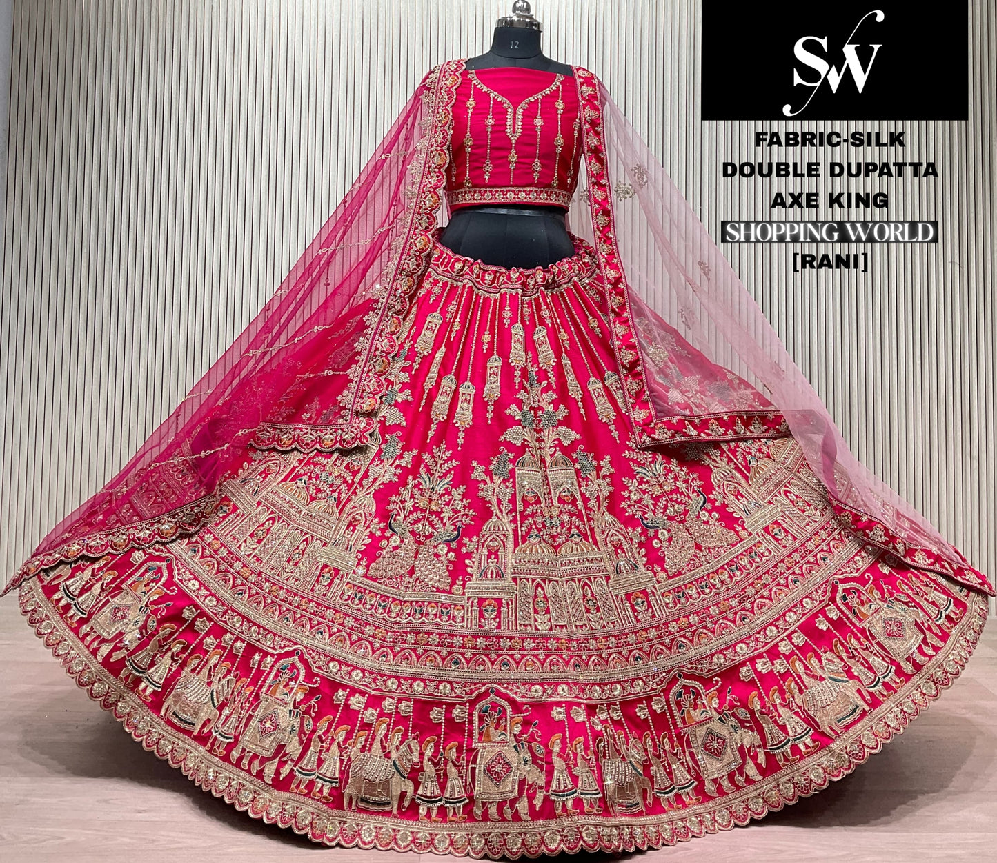 Rani pink Double Dupatta peacock Doli Barat figure Silk Bridal Lehenga