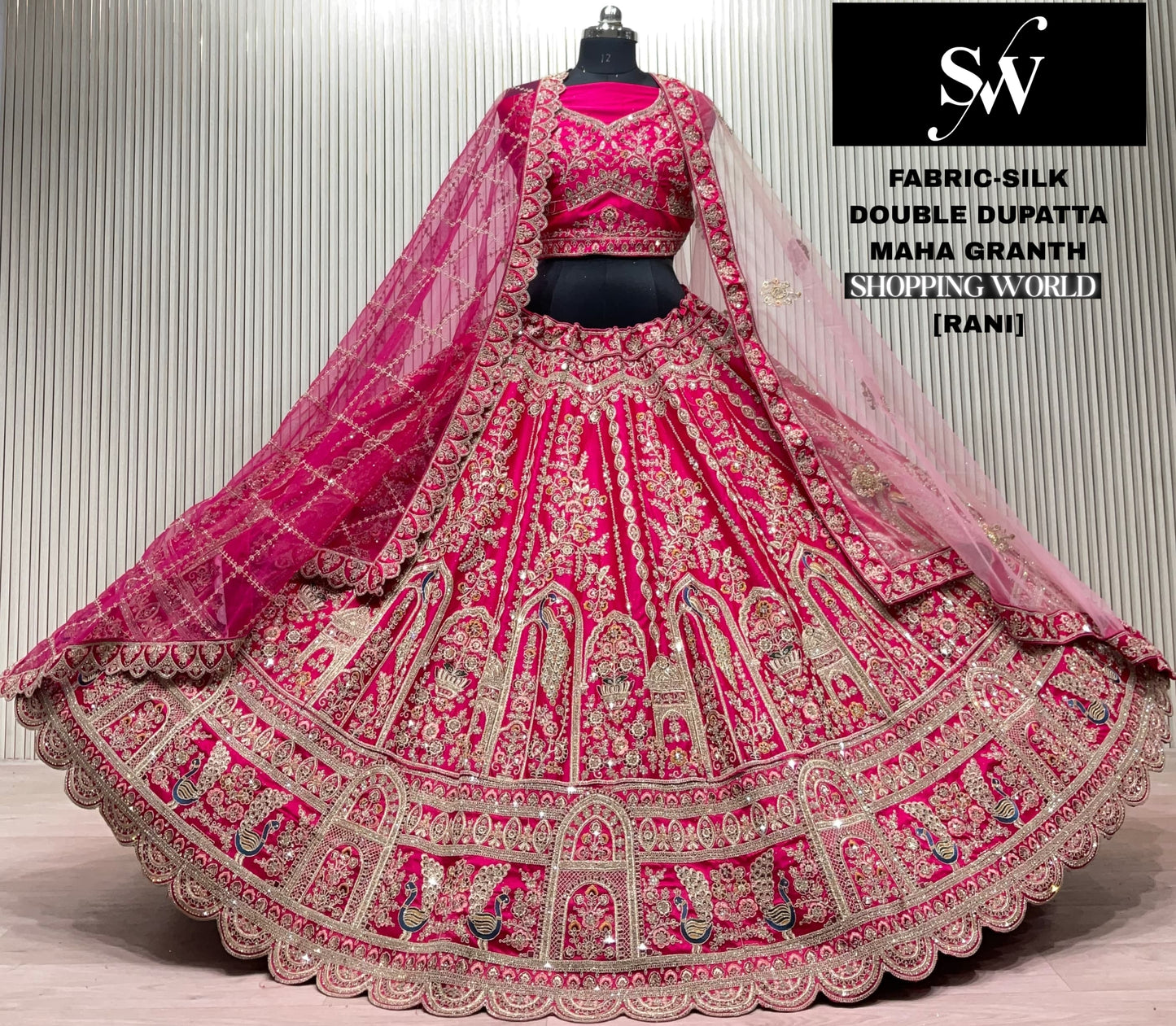 Red Silk Double Dupatta Peacock Bridal Lehenga