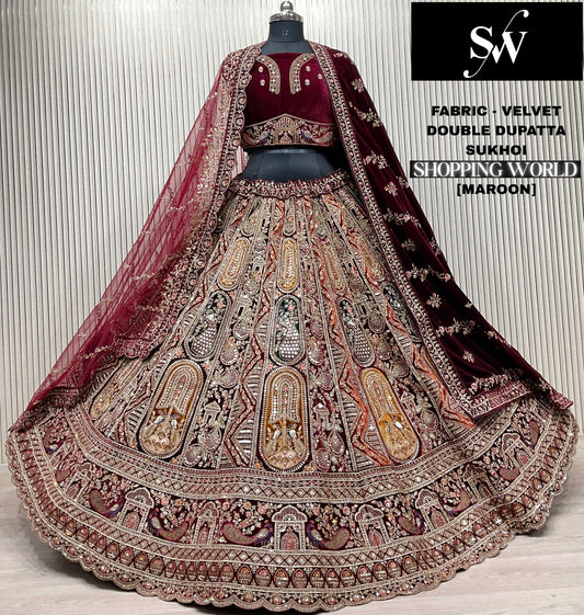 रस्ट मैरून डबल दुपट्टा वाला ब्राइडल वेलवेट लहंगा