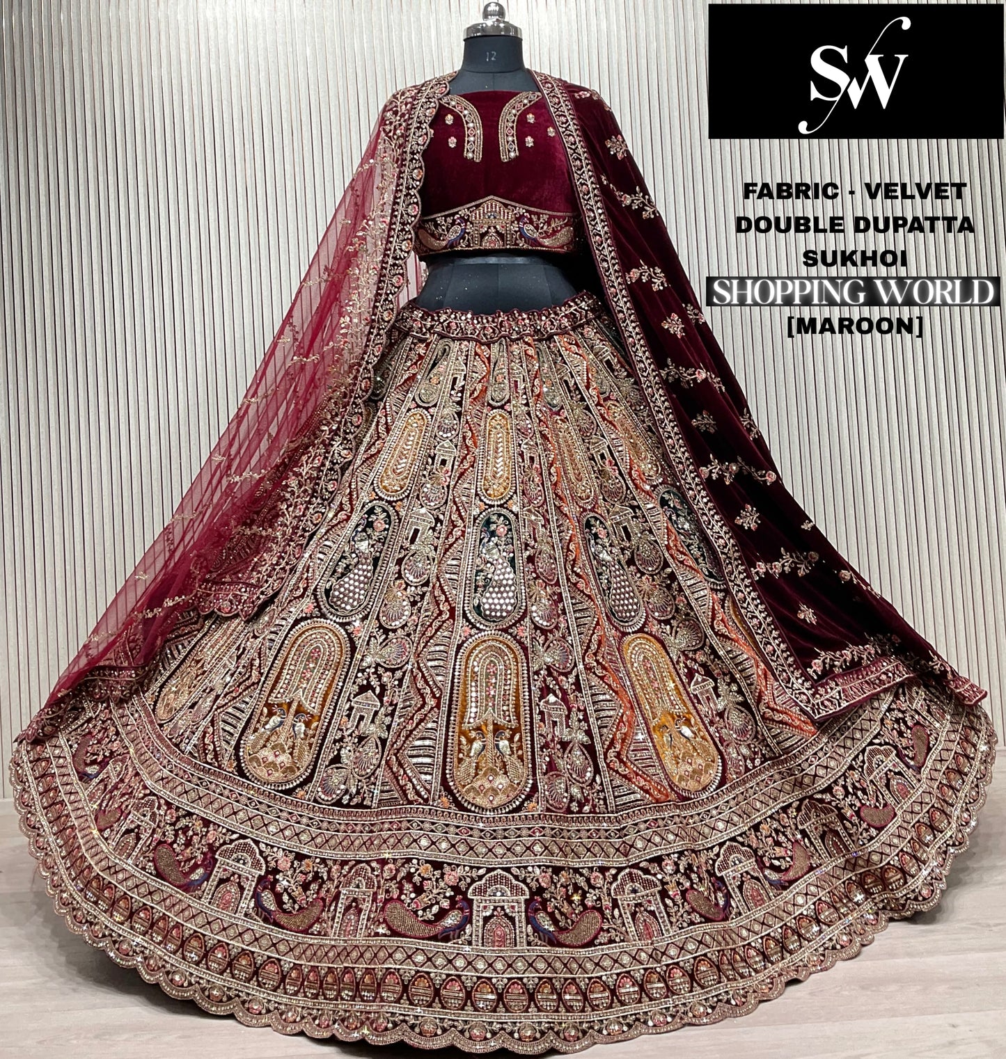 Rust Maroon Double Dupatta Bridal Velvet Lehenga