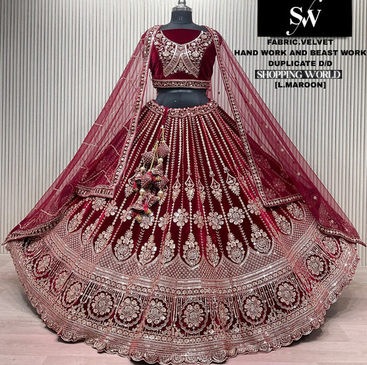 Dark Maroon Velvet Bridal Lehenga
