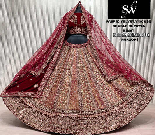 Raspberry Double Dupatta Bridal Velvet Lehenga