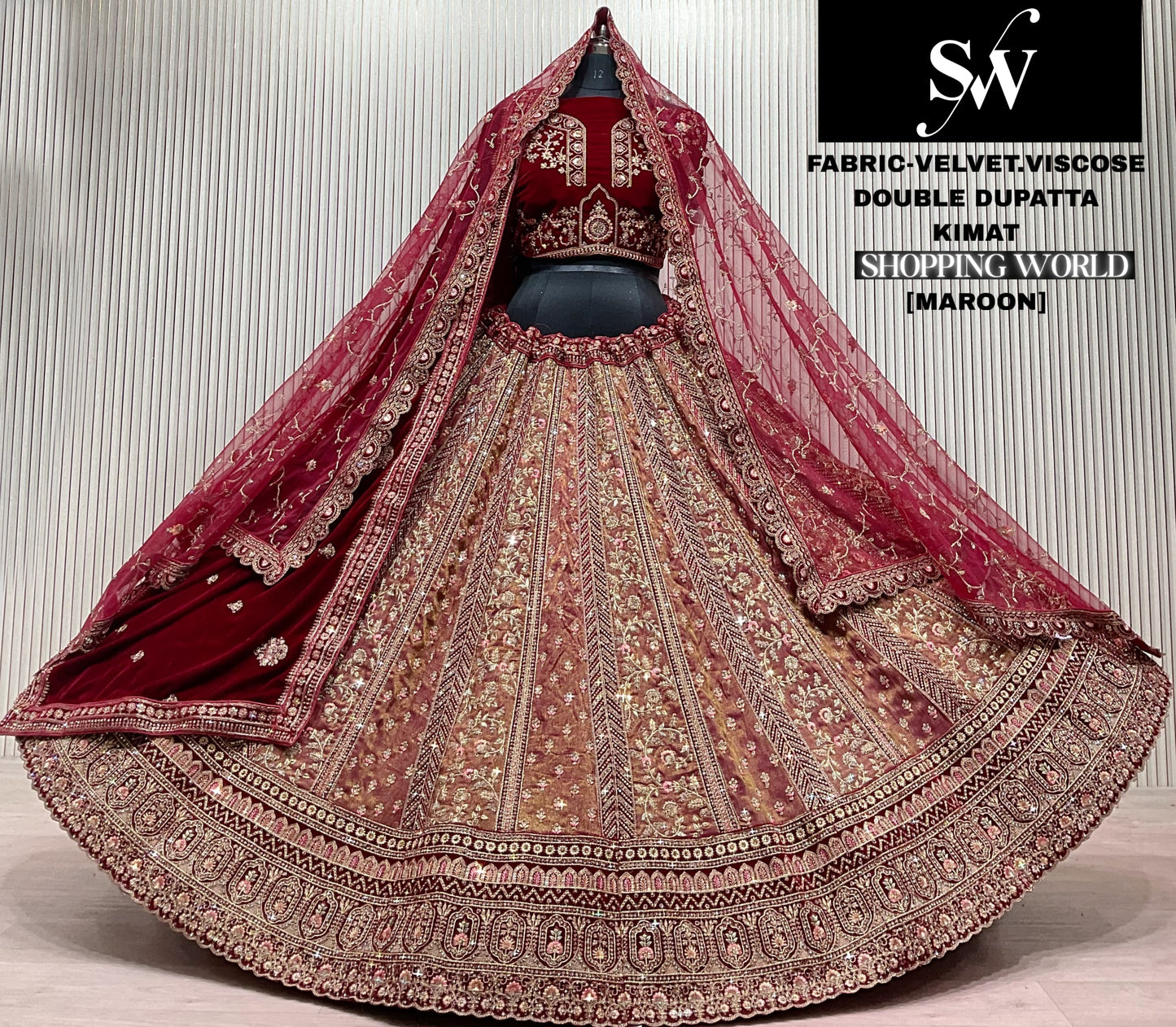 Rust Maroon Double Dupatta Velvet Bridal Lehenga