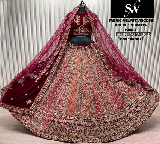 Maroon Double Dupatta Bridal Velvet Lehenga