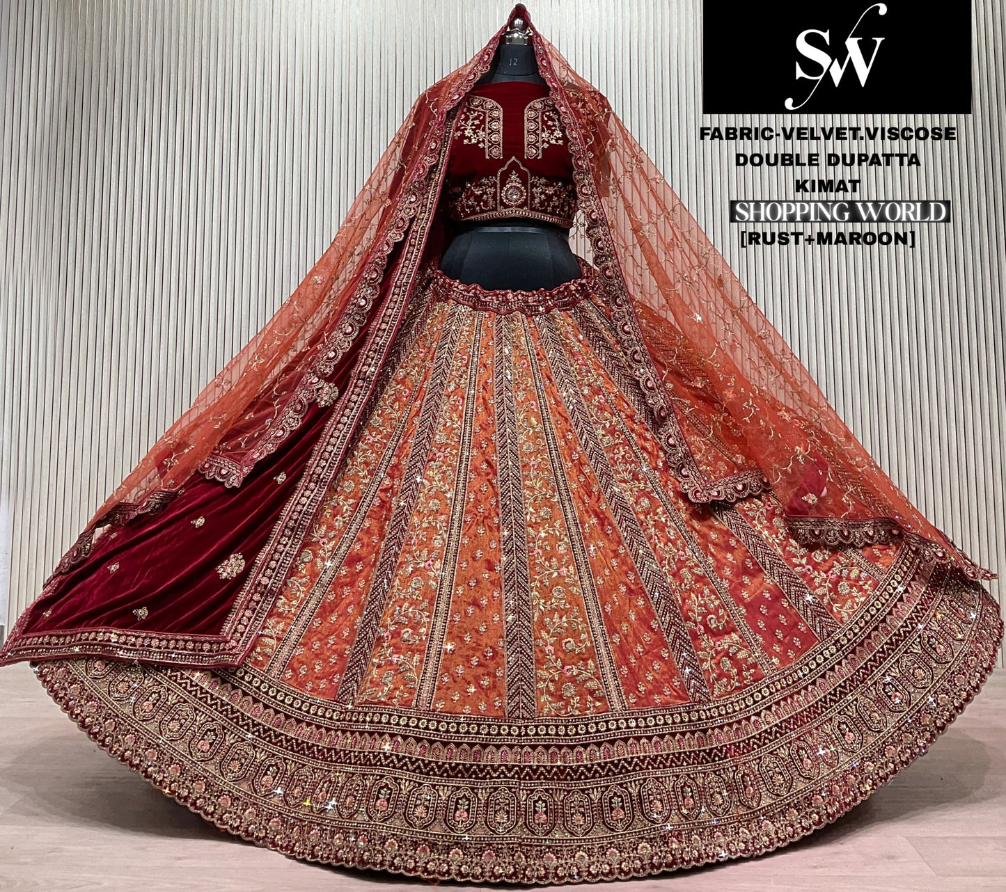 Maroon Double Dupatta Bridal Velvet Lehenga