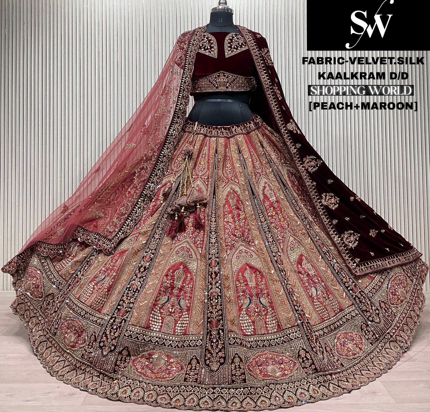 Rani pink Maroon Velvet Silk peacock Bridal Lehenga