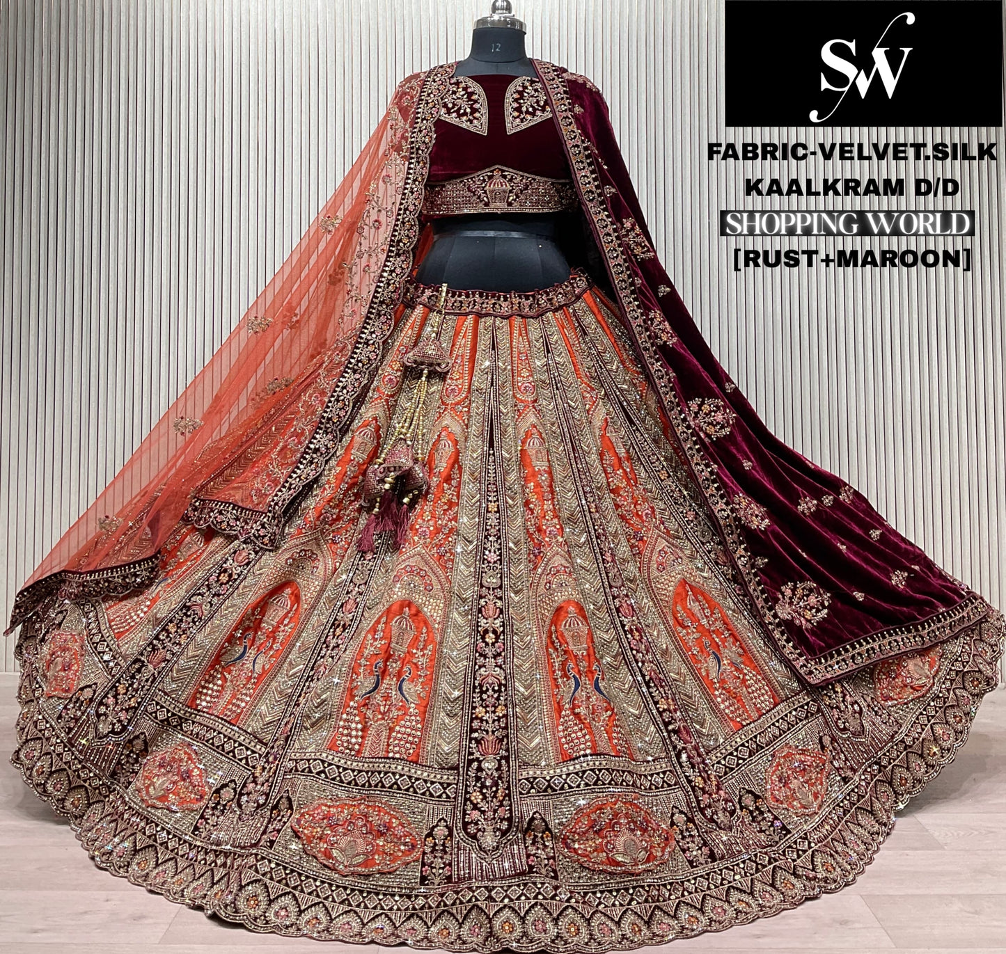 Peach Maroon Velvet Silk peacock Bridal Lehenga