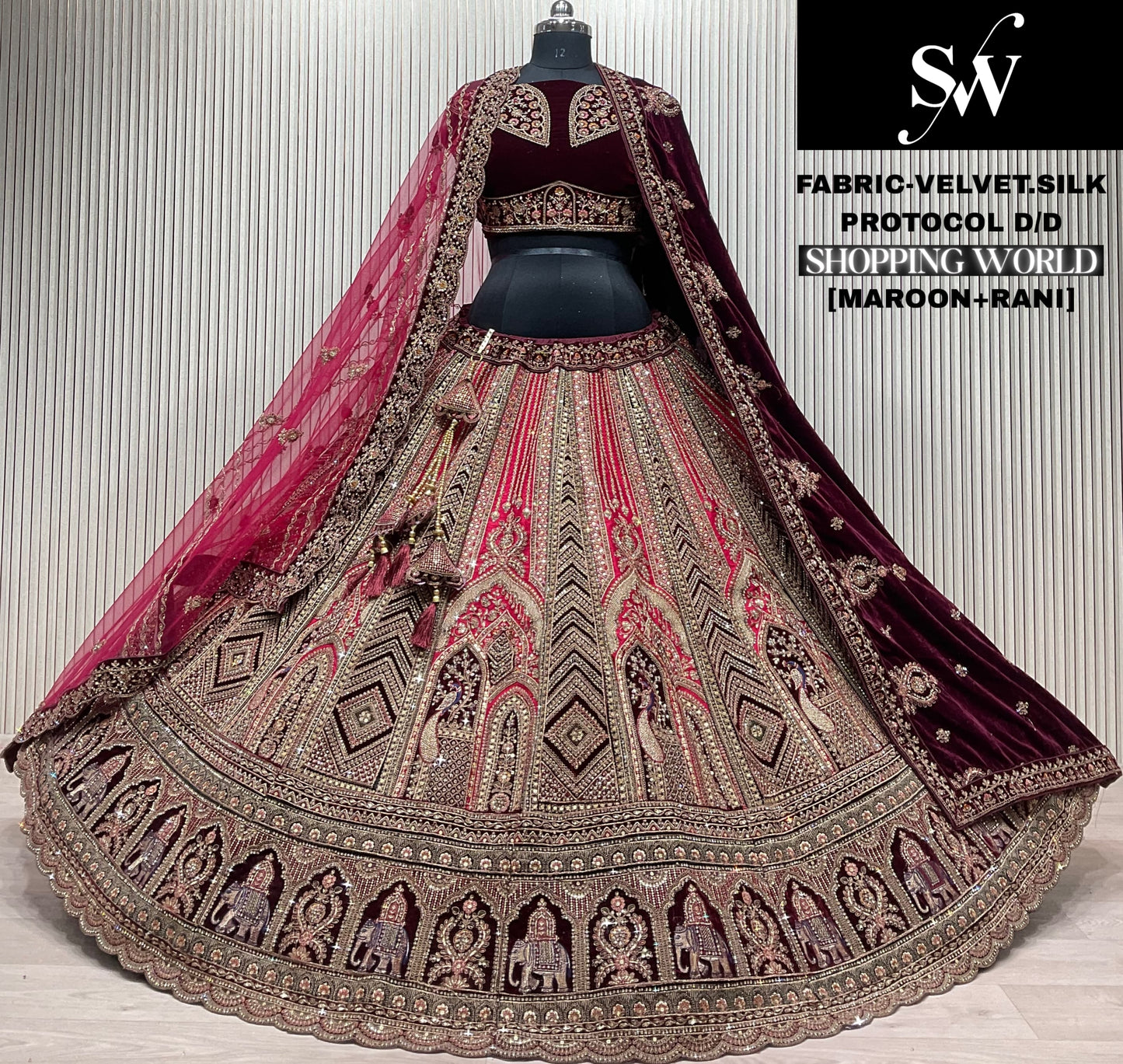 Gajri pink Maroon Velvet Silk Bridal Lehenga