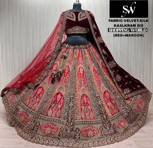 Rani pink Maroon Velvet Silk peacock Bridal Lehenga