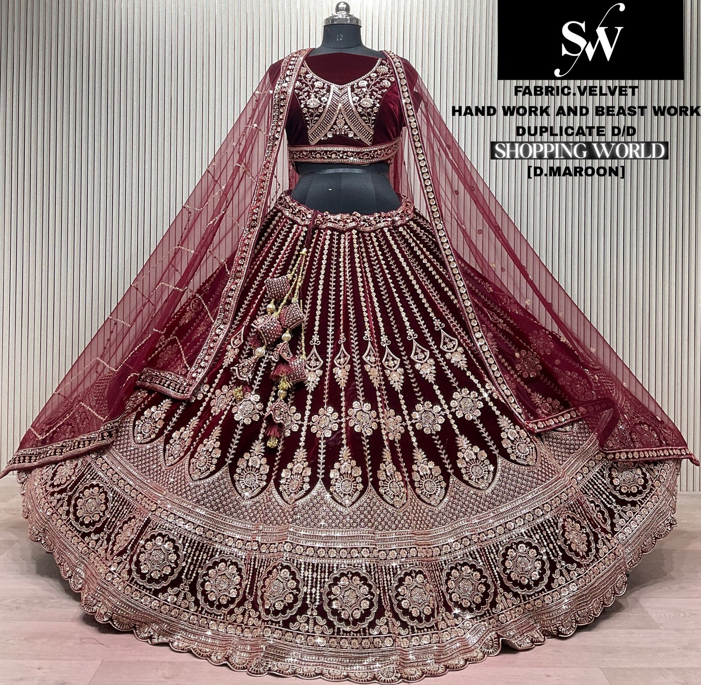Light Maroon Velvet Bridal Lehenga