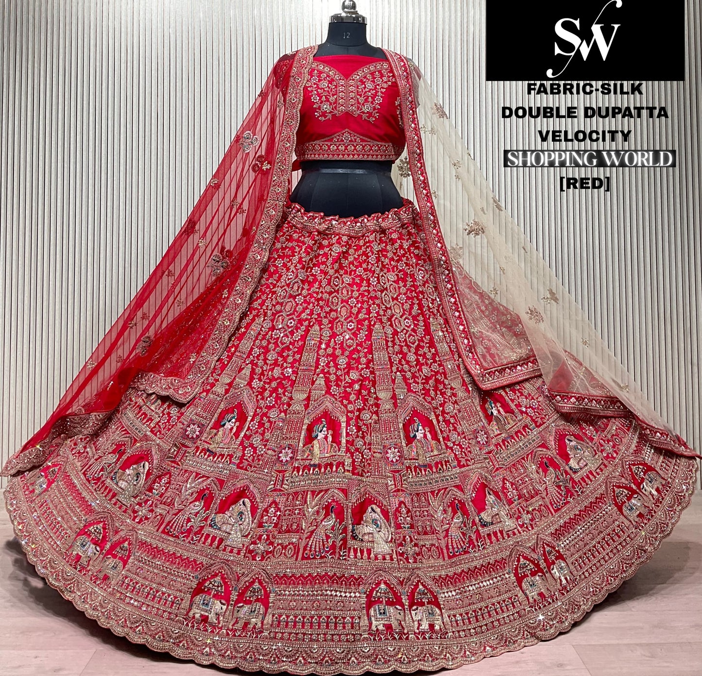 Rani pink Peacock Double Dupatta Silk Bridal Lehenga